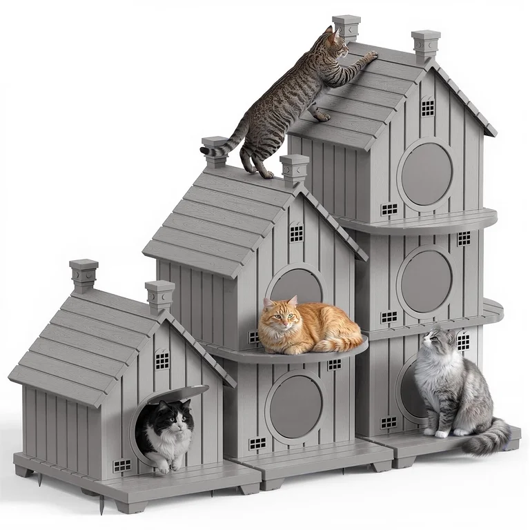 Fazzn Outdoor Cat House with Porch: Weatherproof Insulated Shelter for Cats, Kittens, and Puppies, Including Feral Cats. Features Multiple Entrances, an Elevated Base, and Easy Assembly.Blue/Brown