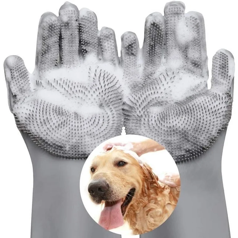 VavoPaw Pet Grooming Gloves - Dog Bathing Shampoo Brush with High Density Teeth, Heat Resistant Silicone Five Finger Design for Bathing and Massaging Dogs and Cats, Gray
