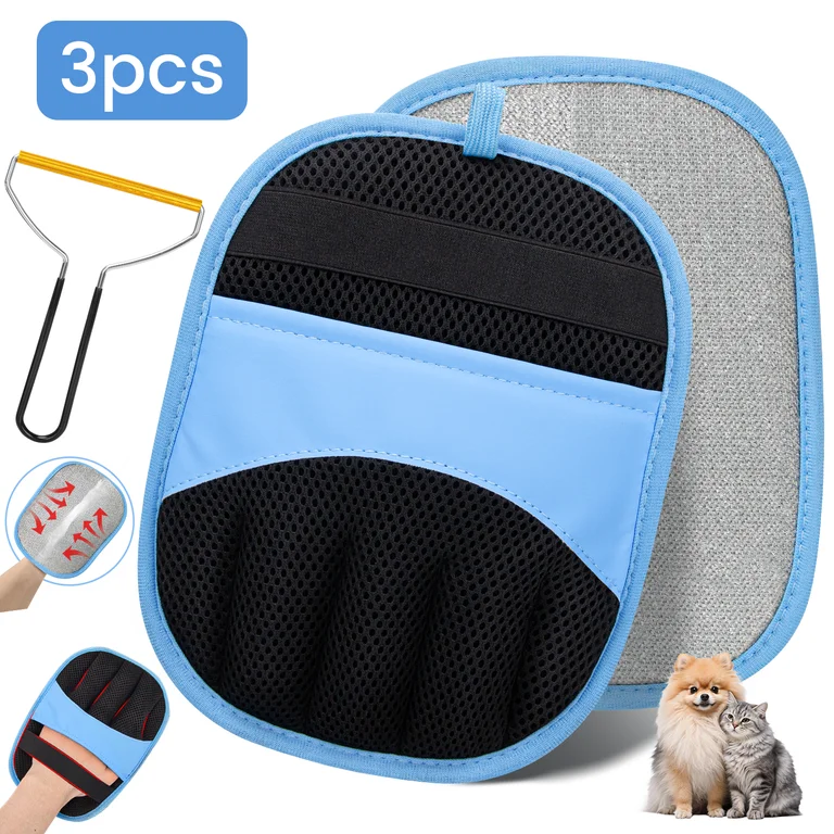 3Pcs Pet Hair Removal Glove – Upgraded Five-Finger Design, Reusable Electrostatic Dog & Cat Hair Remover for Furniture, Couch, Carpet and Laundry