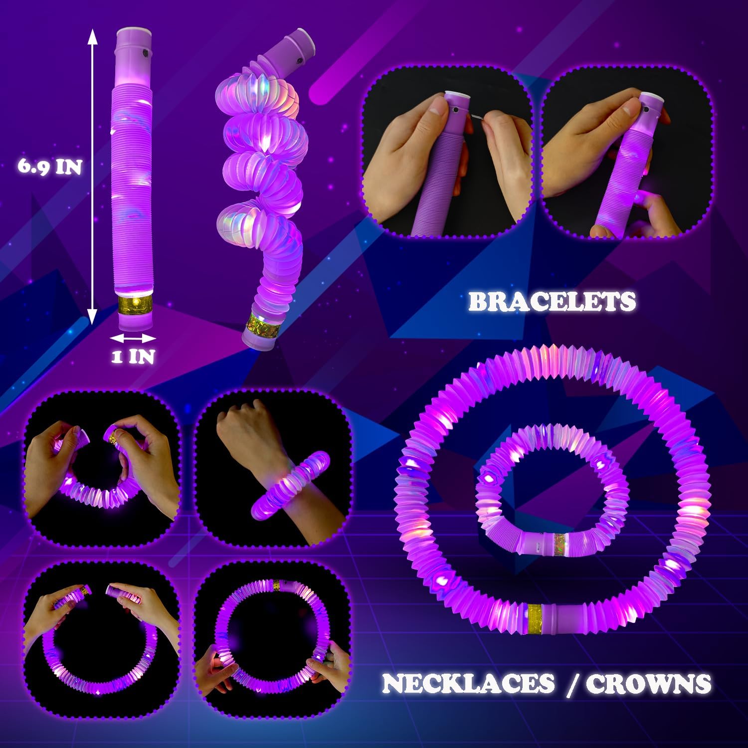 Purple Glow Sticks Pop Tubes,12-24PCS Light Up Necklaces & Bracelets,Mardi Gras Party Favors Accessories Decorations,Glow Birthday Wedding Carnival Valentines Day Party Supplies for Kids & Adults