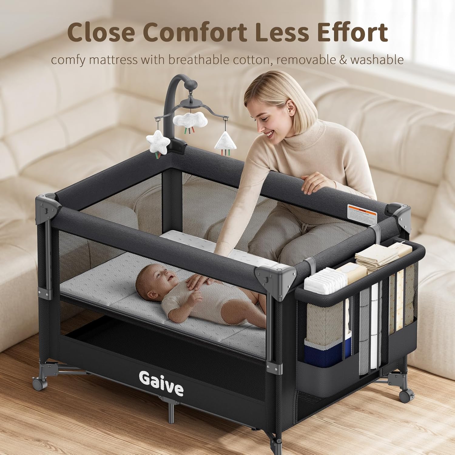 GAIVE 4 in 1 Baby Bassinet, One-Push Setup Pack and Play, Bedside Crib Sleeper with 3 Height Adjustable，Diaper Changer, Come with Comfy Mattress, Rotating Toy Bar, from Infants to Toddlers (Black)