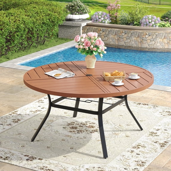 VOXBIN Round Patio Table with Adjustable Umbrella Hole, All Weather Metal 50" Outdoor Table, Walnut