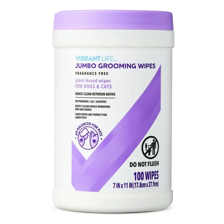 Vibrant Life Jumbo Grooming Wipes for Dogs & Cats, Fragrance Free, 100 Wipes