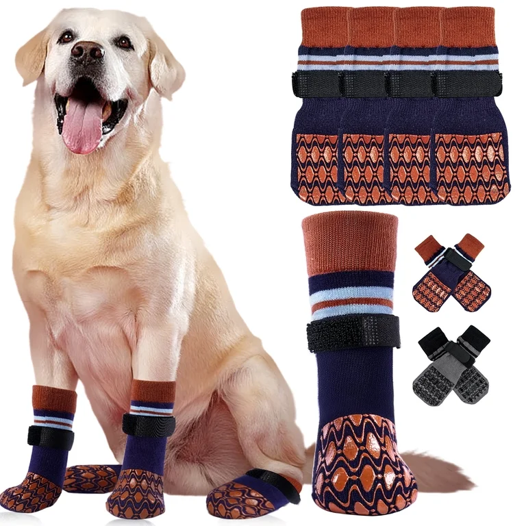 Kuoser Anti-Slip Dog Socks with Double-Sided Traction, 4 Piece Pet Booties for Senior, Dog Paw Protector for Hardwood Floors, Hot Pavement and hot/icy surfaces, Brown, XL