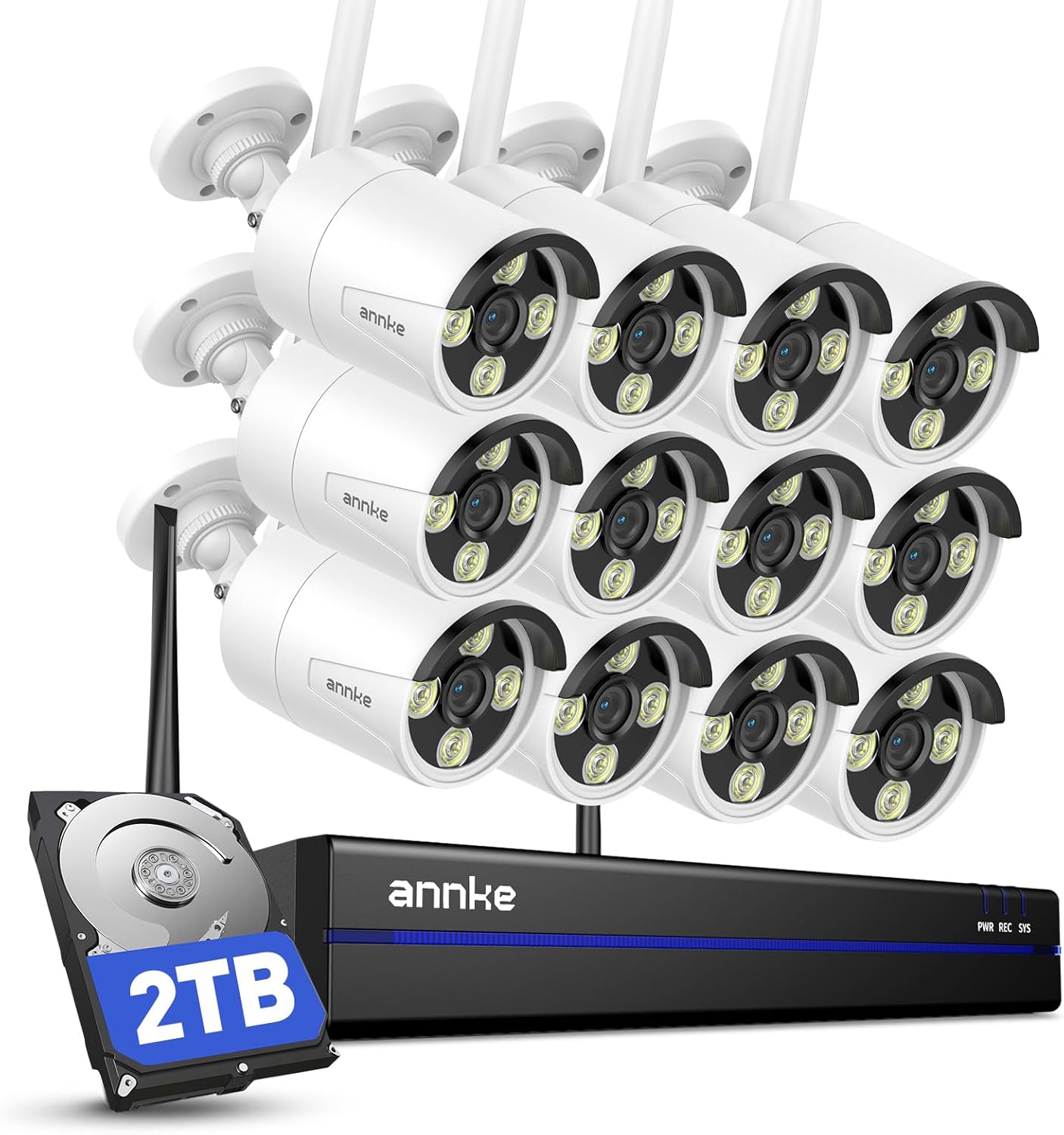 ANNKE Wireless Security Camera System 2TB Hard Drive, 16CH 4K WiFi NVR Kit, 12Pcs 2K Home Surveillance Cams for Indoor/Outdoor, 2-Way Audio, Night Vision, Weatherproof, Motion Detection, Metal Housing