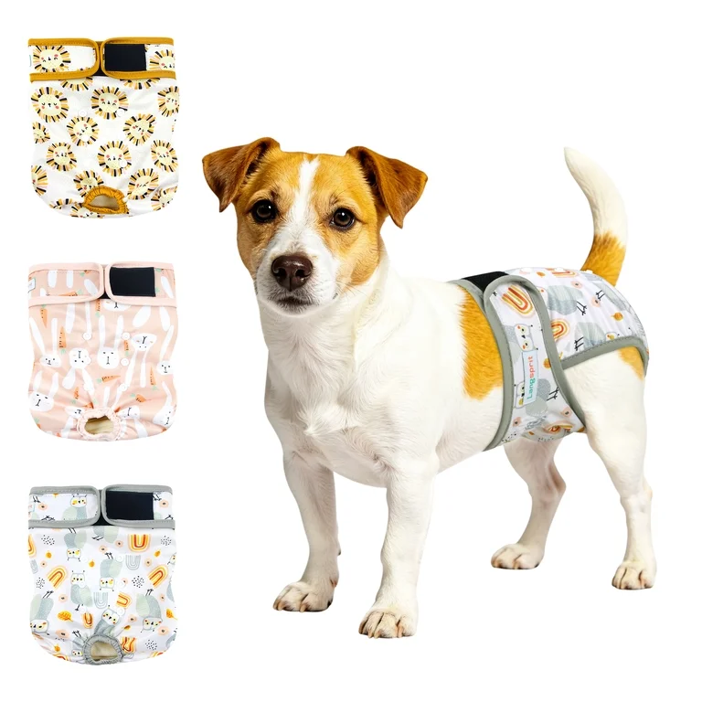Langsprit Washable Female Dog Diapers (3 Pack) - No Leak Reusable Diapers for Doggy Female in Period - Highly Absorbent Dog Heat Panties with Adjustable Snaps