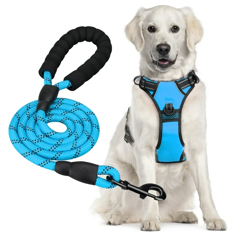 PoyPet Dog Harness and Leash Combo, Escape Proof No Pull Vest Harness, Reflective Adjustable Soft Padded Pet Harness with Handle for Small to Large Dogs,Blue L