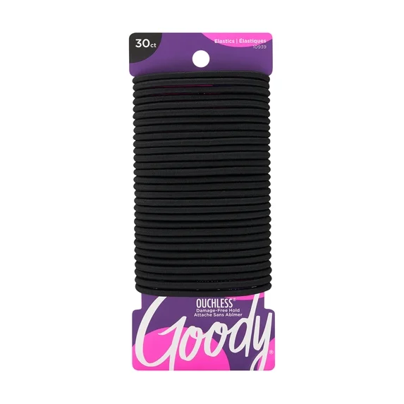 Goody Ouchless No‑Metal Braided Hair Ties, Black, 30 Count