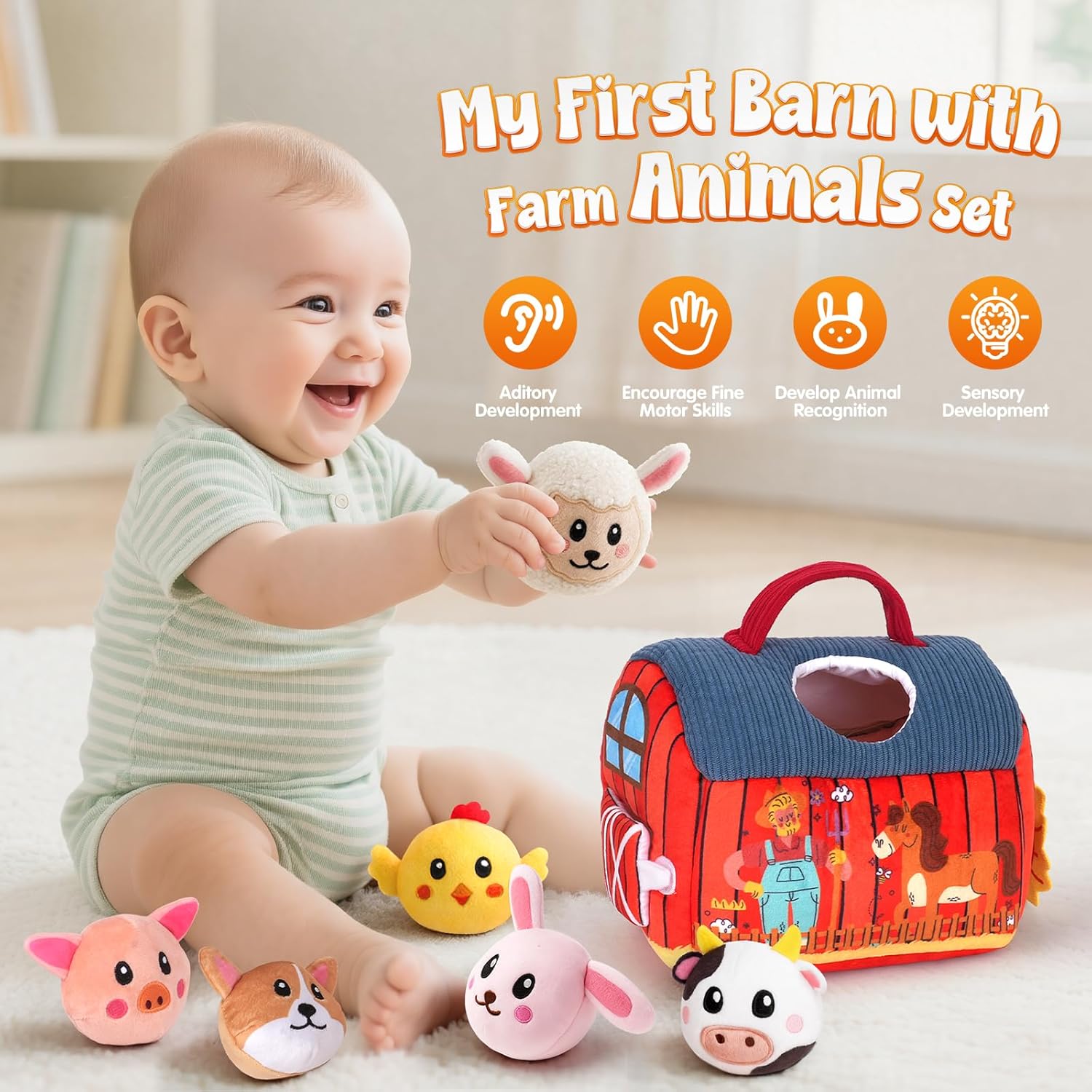 Baby Toys 6-12 Months - Soft Barn with Stuffed Farm Animals Toy, Montessori Toys for 6 Months Infant Boys Girls Sensory Gifts with Rattle, Crinkle Paper, Mirror