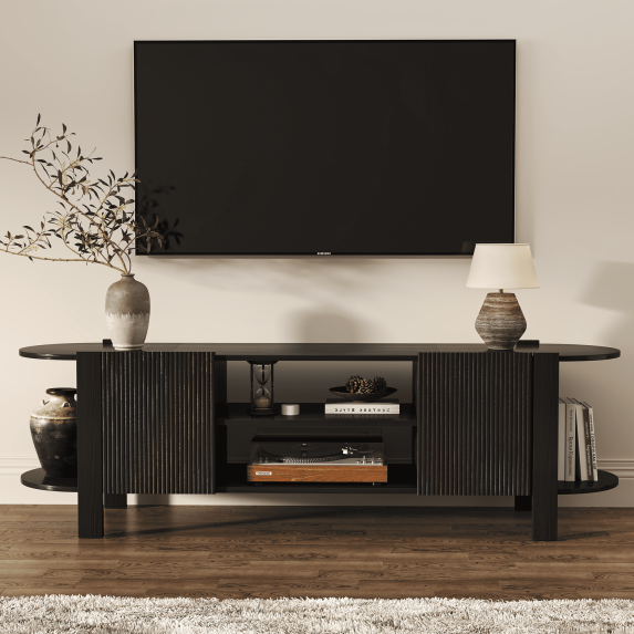 ZOSQUARE 65 inch TV Stand for TVs up to 75", Black Entertainment Center with Fluted Doors and Open Shelves, Wood TV Console with Rounded Edges for Living Room