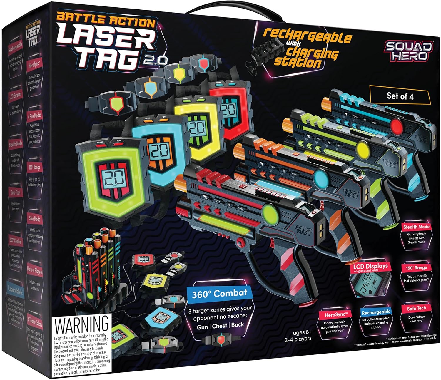 Squad Hero Rechargeable Laser Tag 360° Sensors + LCDs - Set of 4 - Birthday Gift Ideas for Kids Teens & Adults Boys & Girls Family Fun - Cool Teenage Lazer Group Activity, Teen Gifts Ages 8+ Year Old