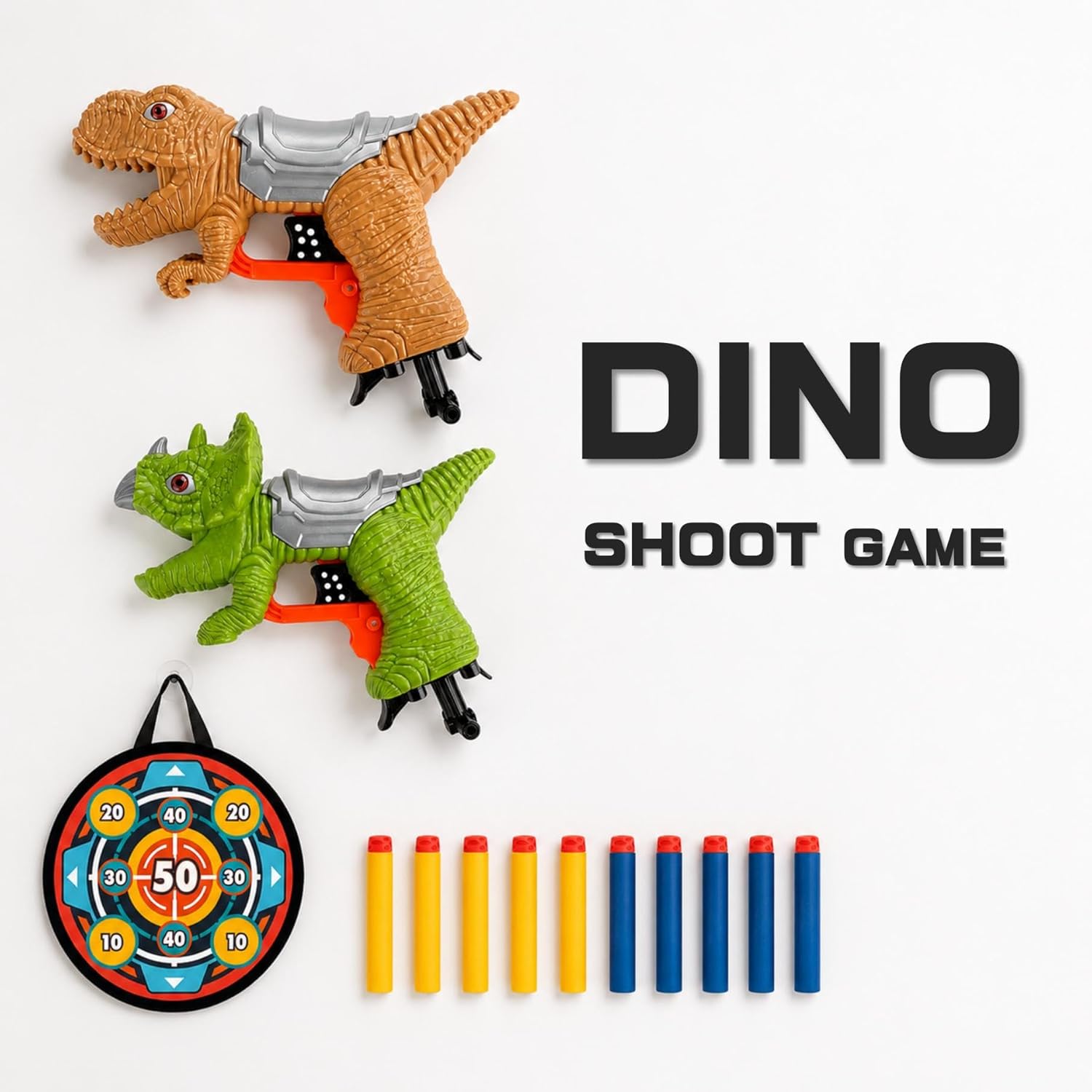 Dinosaur Toy Guns for Kids 2 Pack – T-Rex & Triceratops Foam Dart Blasters with Sticky Target, 10 Soft Foam Darts, Dino Shooting Game Set for Indoor Outdoor Play, Boys Girls Ages 4–8