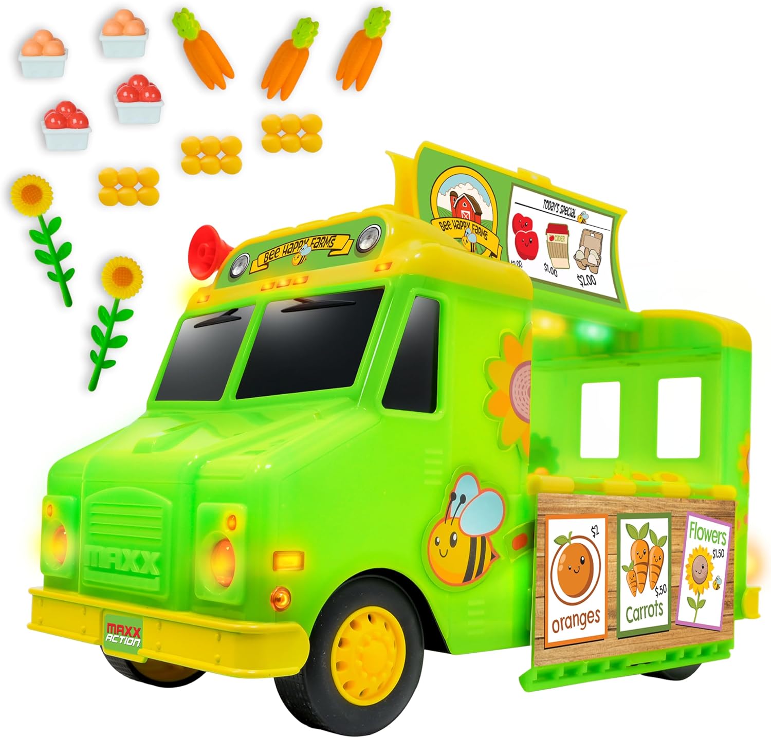 Maxx Action 12" Farmer's Market Food Truck, Lights and Sounds, Includes 14 Play Pieces, Miniature Food, Pretend Play for Girls and Boys, Ages 3+