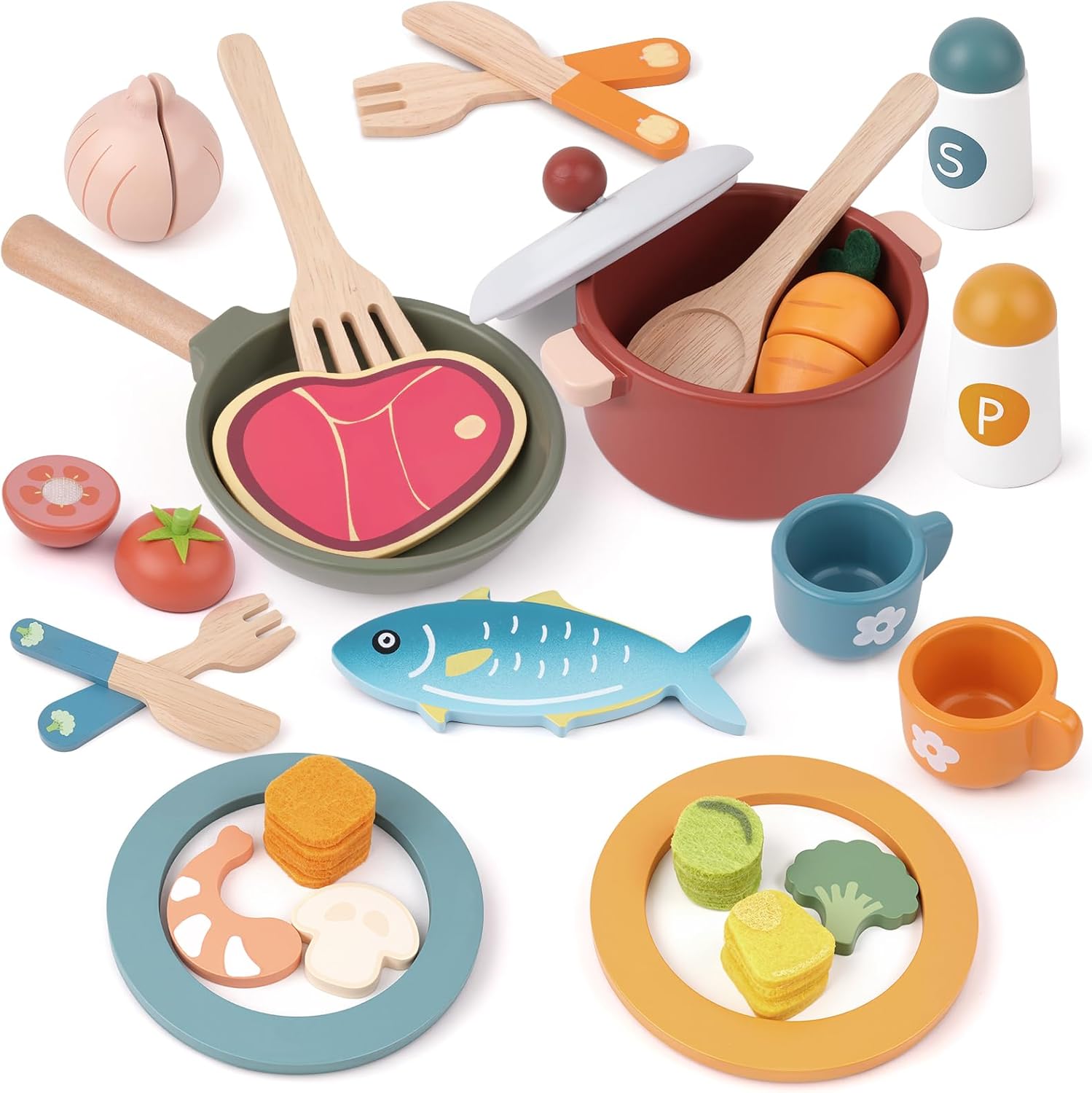 Wooden Play Kitchen Accessories - Pretend Play Food for Toddlers with Dishes Pots & Pans for 3 Year Old, Cutting Fruits Vegetables Toys Birthday Gifts for Boys Girls 4 5 6