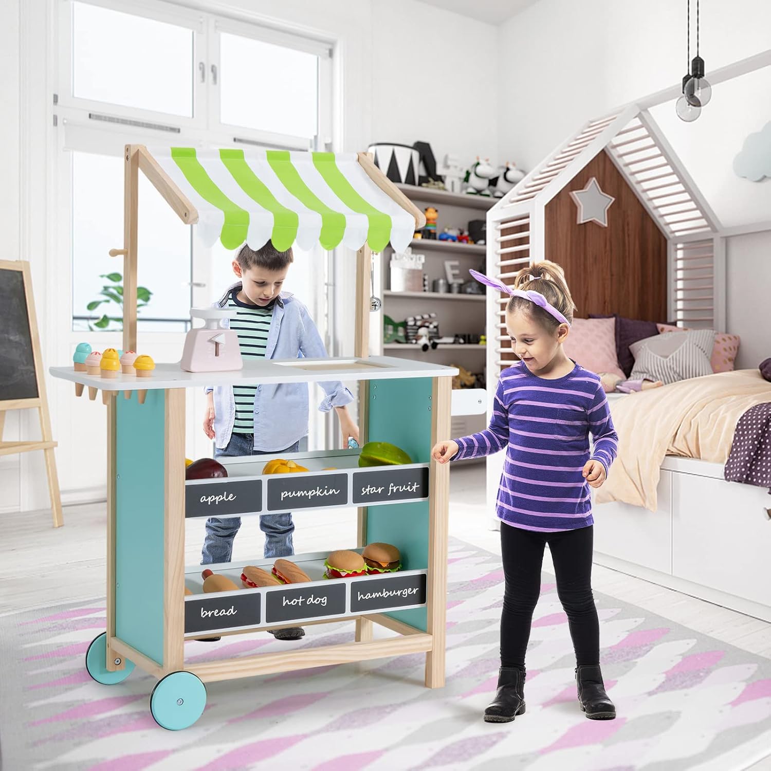 INFANS Wooden Grocery Store Marketplace Toy, Supermarket Pretend Play, Extra Storage 6 Ice Creams Scales Bells Chalkboards, Fun Indoor Farmer's Market Stand Set Gift for Ages 3+
