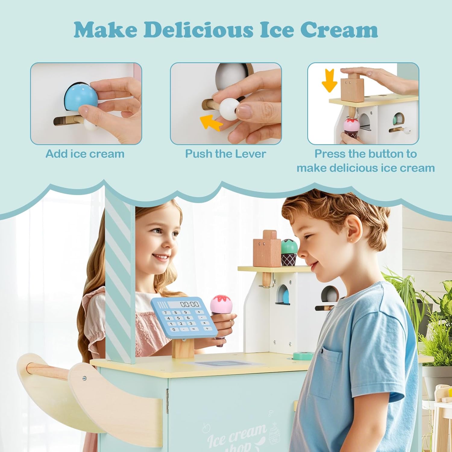INFANS Ice Cream Cart Grocery Store Marketplace Toy, Market Stand Shop Pretend Play Set with Universal Wheel Food Scale Cash Register Beverage Rack Accessories Gift for Ages 3+