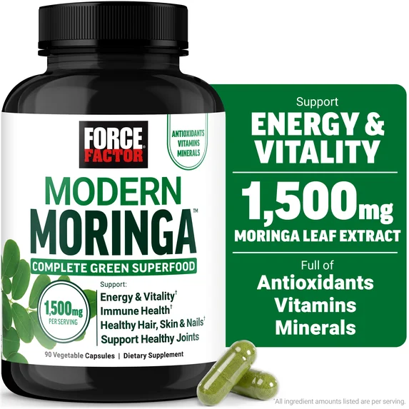 Force Factor Modern Moringa Capsules, Complete Green Superfood to Support Energy, Immune Health, and Hair, Skin & Nails with Vitamins D, B6, B12, Biotin & Antioxidants, 90 Capsules