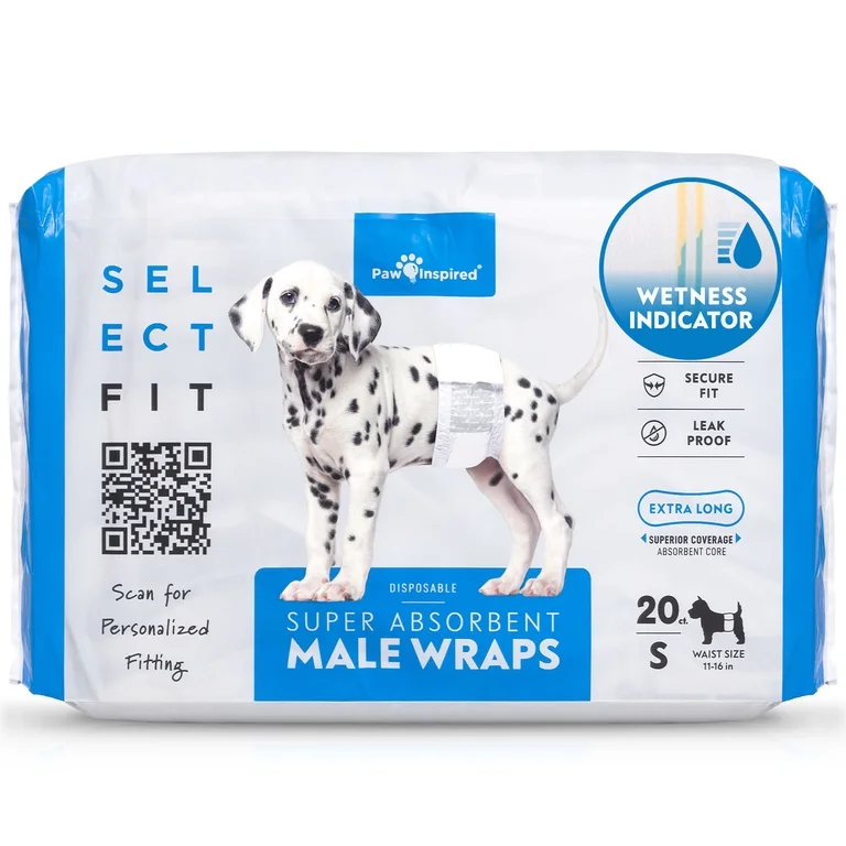 20ct Paw Inspired Select Fit Disposable Male Diapers, Belly Bands Wraps with Wetness Indicator and Extended Absorbent Core (Small)