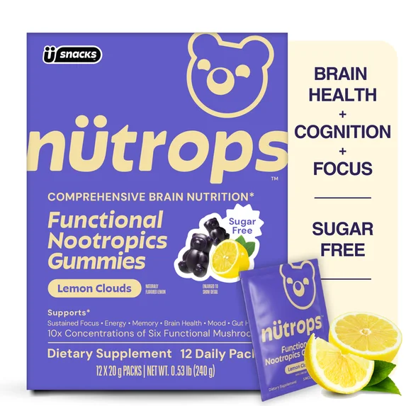 Nütrops Nootropic Sugar Free Mushroom Gummies with Lion's Mane, Cordyceps, & Reishi - Functional Mushrooms & Adaptogens to Support Brain Health, Caffeine-Free, Lemon Clouds Flavor, 12 count