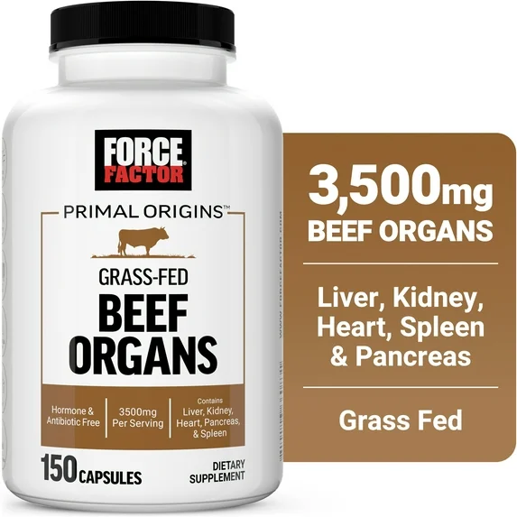 Force Factor Primal Origins, Beef Organs Supplement with 3500mg Beef Liver, Kidney, Heart, Pancreas & Spleen for Energy & Stamina, 150 Capsules