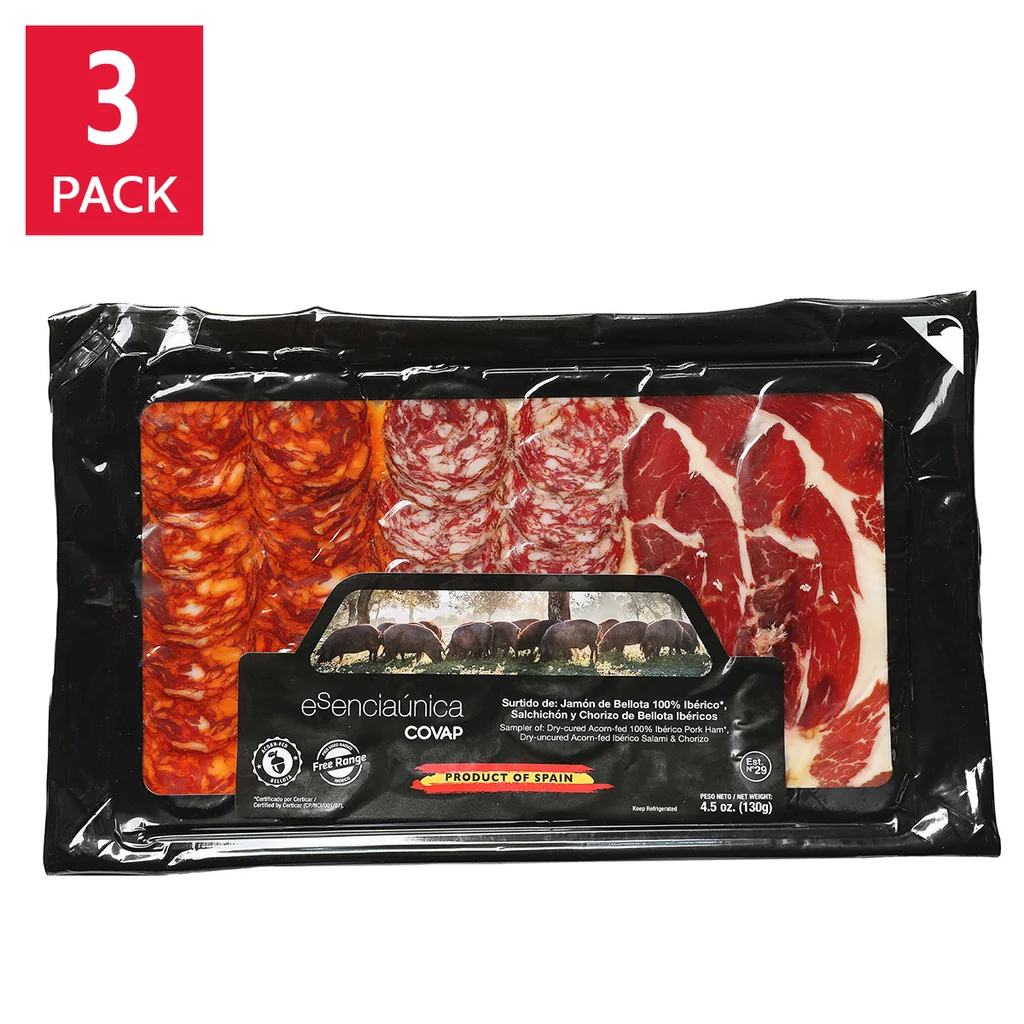 Sampler: Dry-Cured Acorn-Fed 100% Iberico Pork Ham and Salami and Chorizo, 4.5 oz, 3-pack