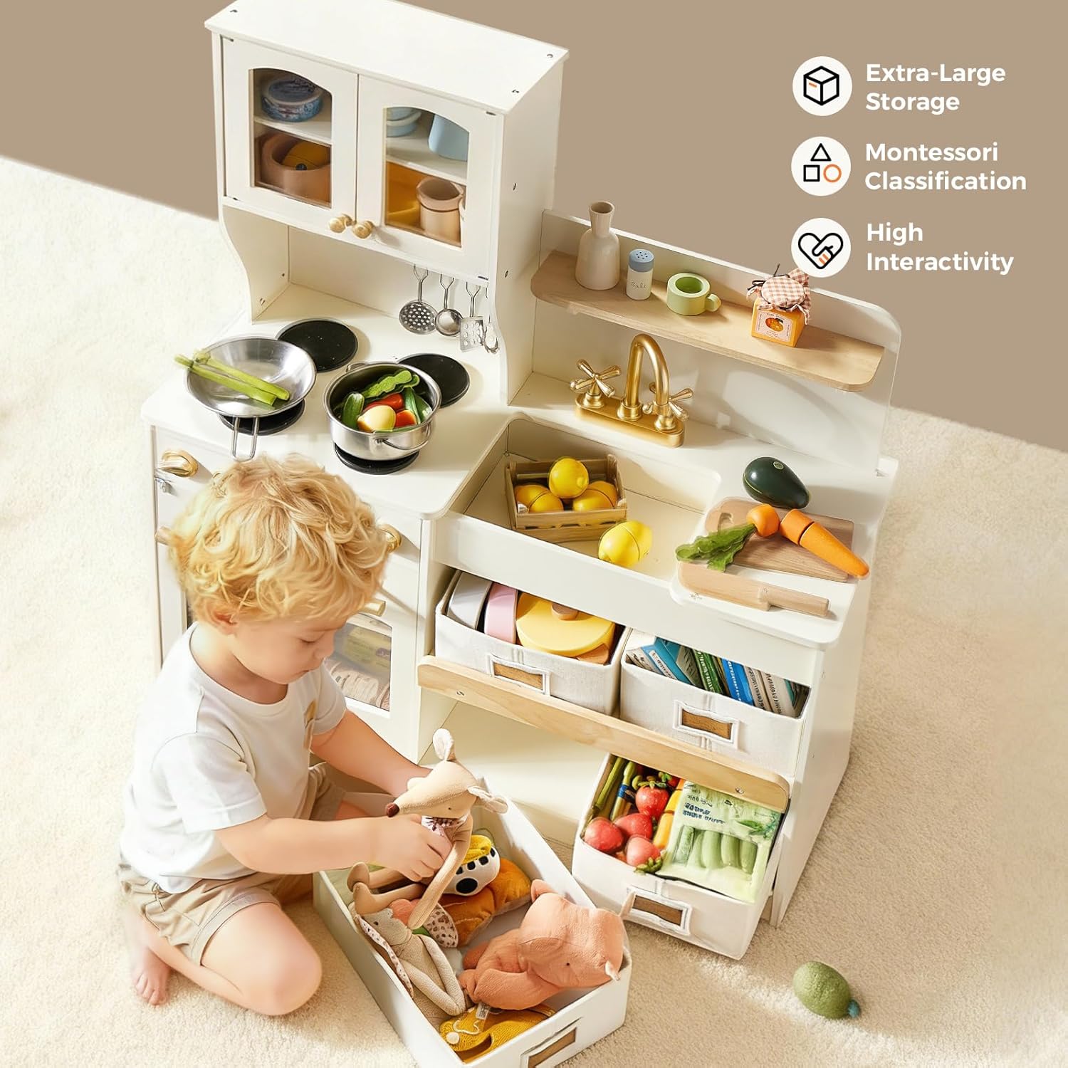 Tiny Land Wooden Play Kitchen for Kids – Enhanced Storage with Cabinets & Bins, Modern Toddler Kitchen Playset with Stove, Sink & Accessories