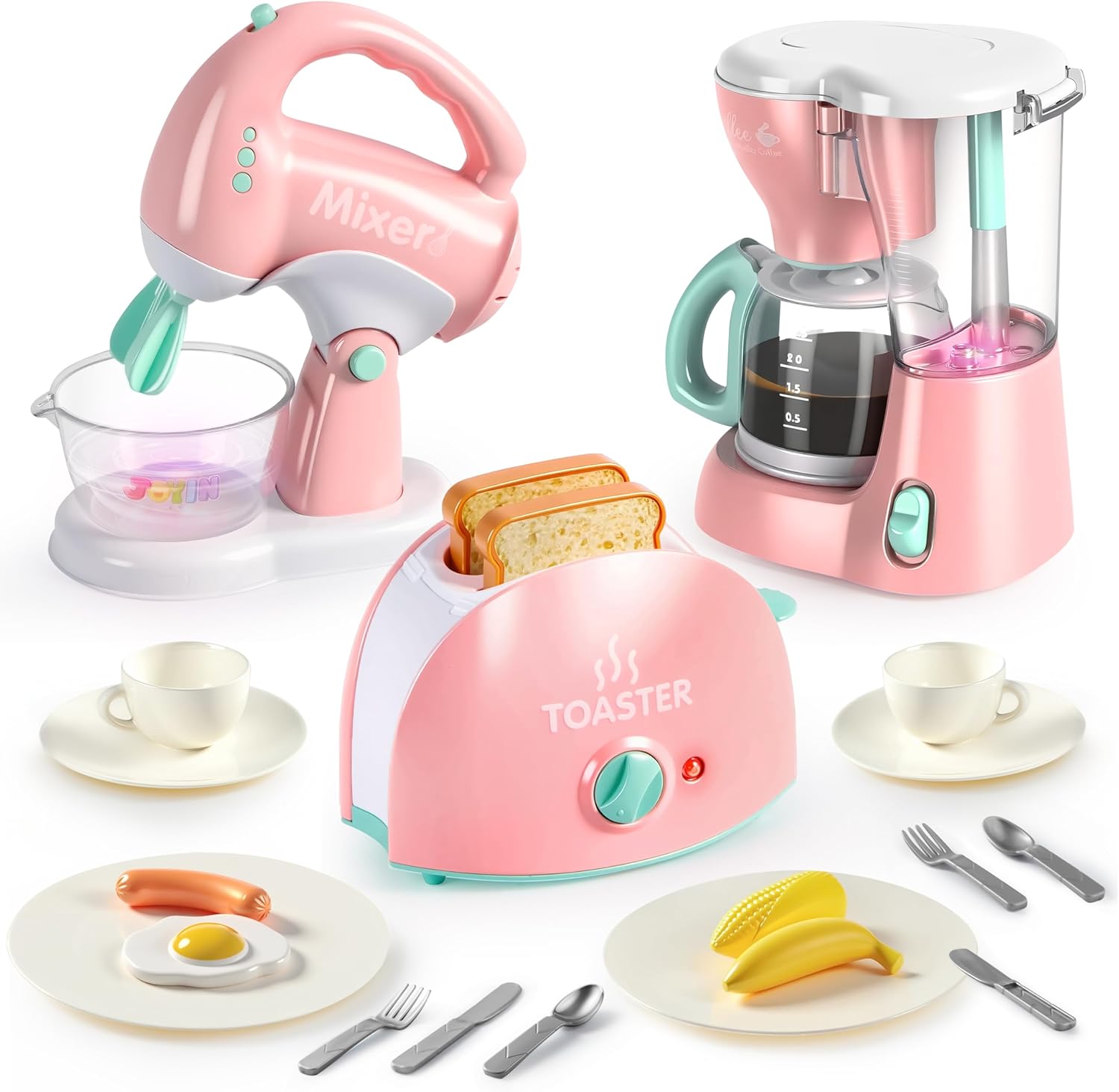 Joyin Play Kitchen Toys, Pretend Food Kitchen Accessories Girls Toy with Coffee Maker, Mixer, Toaster with Realistic Lights& Sounds, Birthday Gift for Kids