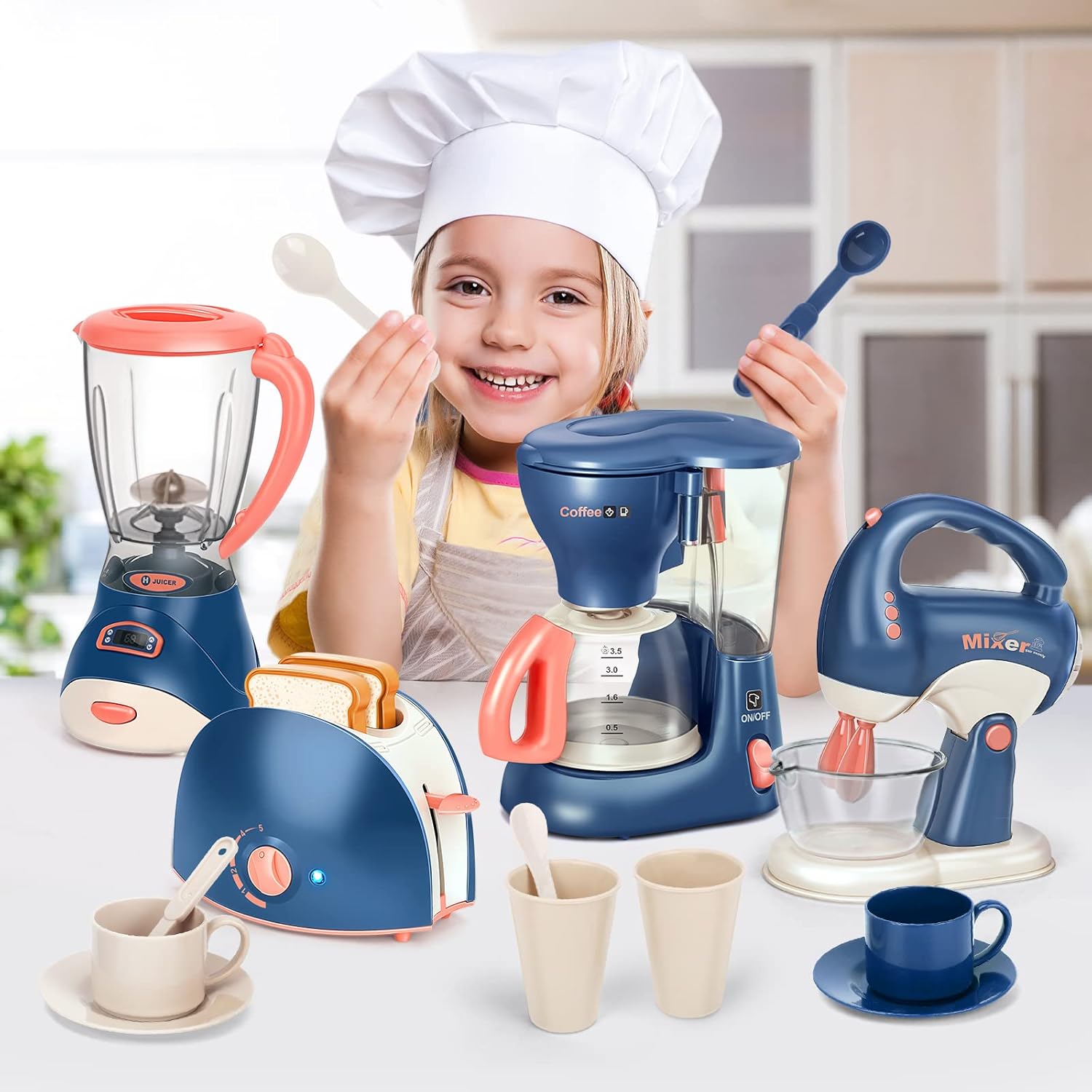 Yalujumb Play Kitchen Accessories, Kitchen Appliances Toy with Coffee Maker,Blender, Mixer ,Toaster with Realistic Lights&Sounds,Kitchen Toys for Kids Ages 4-8