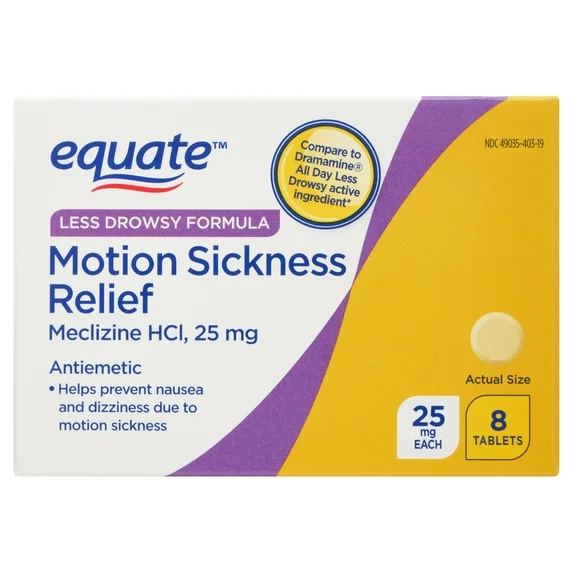 Equate Less Drowsy Formula Motion Sickness Relief Meclizine HCI Tablets, 25mg, 8 Count, Compare to Dramamine® All Day Less Drowsy Active Ingredients