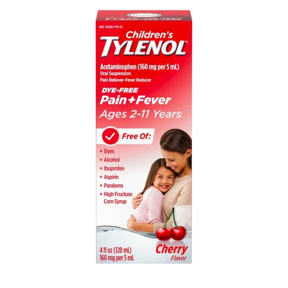 Children's Tylenol Pain + Fever Medicine, Dye-Free, Cherry, 4 fl. oz