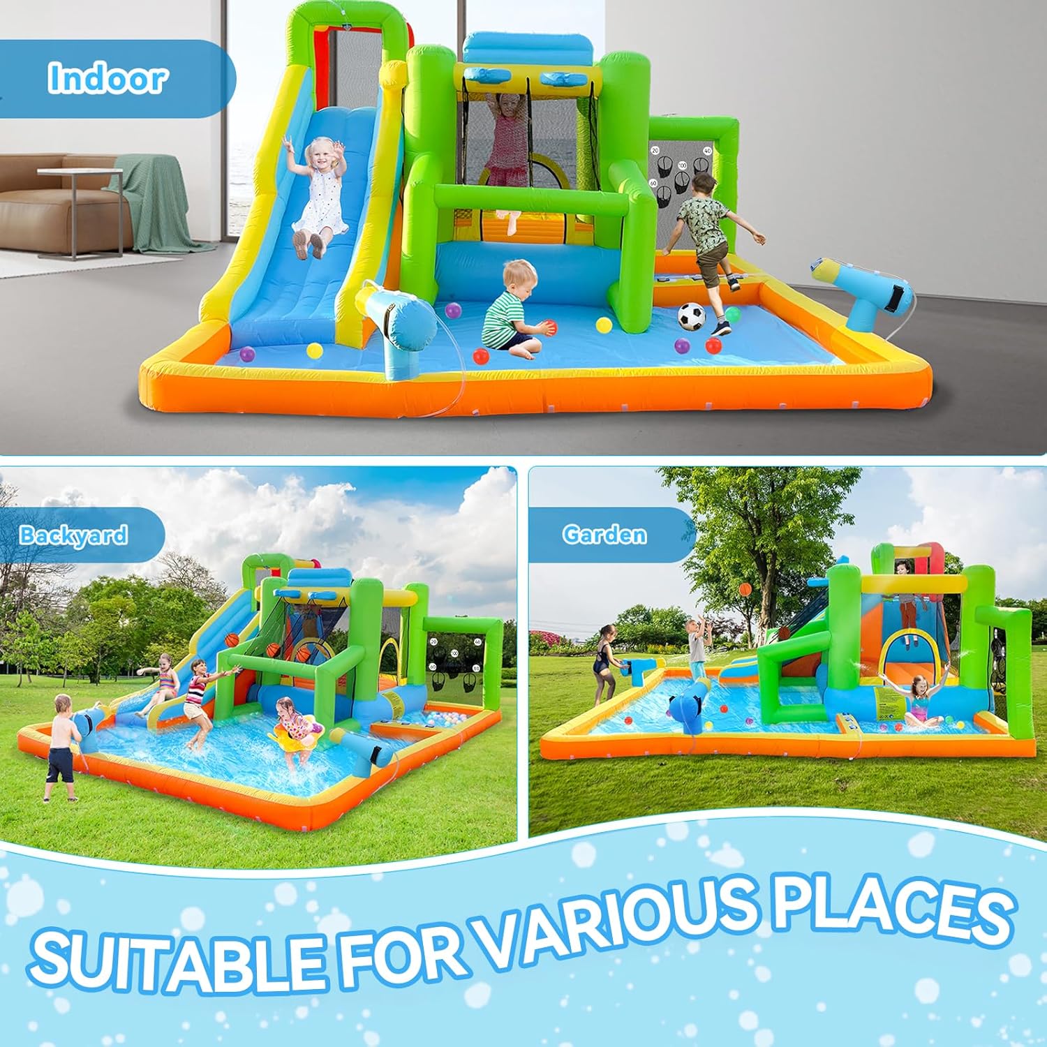 FBSPORT Inflatable Bounce House Water Slide, Bounce House for Kids Indoor Outdoor Bouncy House with 550W Blower, Bounce Castle with Slide Ball Shooting, Water Gun, Splash Pool, Bounce Area, Hose