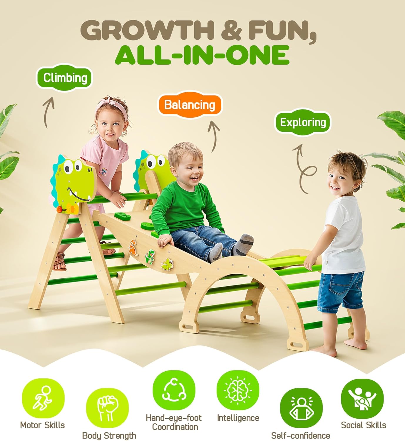 Pikler Triangle Set, 11-in-1 Montessori Climbing Toy for Toddlers, Foldable Wooden Indoor Jungle Gym & Playground Climber for Learning and Motor Skills (18 Months–7 Years)