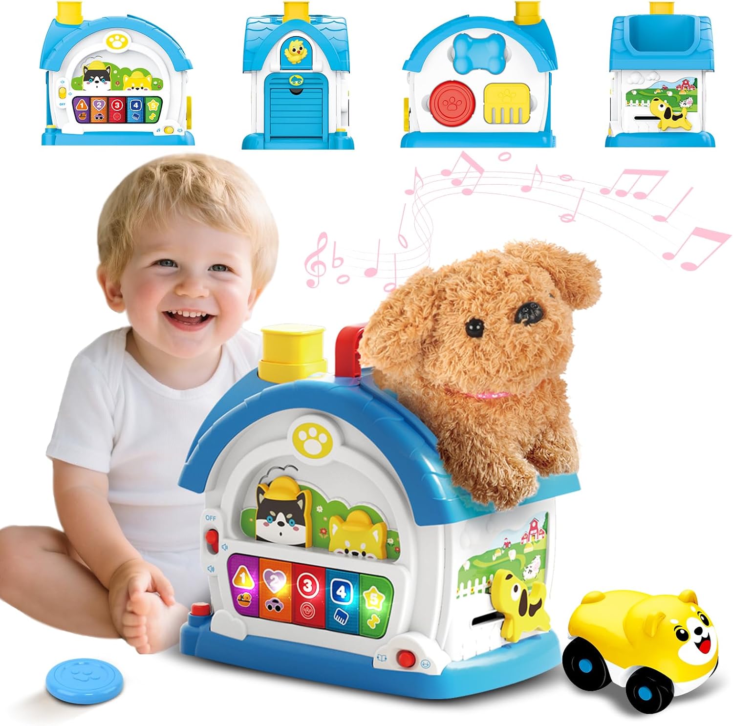 Ming You Interactive Toys for 1 2 3 Year Old Boy Gifts, Baby Musical Toy House with Stuffed Puppy, Car, Learning Educational Toy for Toddler 1-3, Christmas Birthday Gifts for 1 Year Old Boy (Blue)