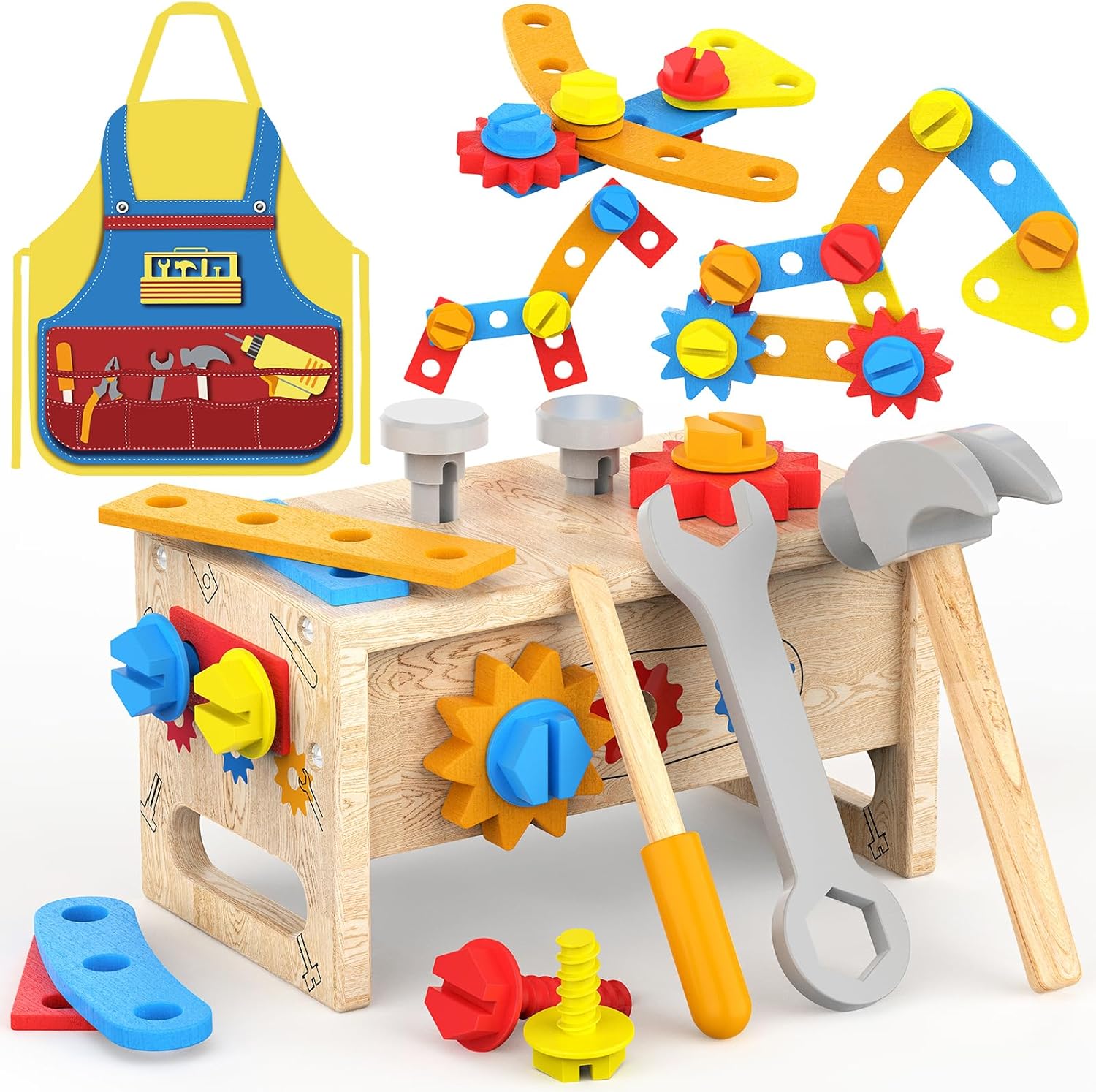 Toys for 2 Year Old Boy - Wooden Kids Tool Set with Apron, Montessori Toddler Bench STEM Educational Construction Toy for Ages 2-4, Pretend Play Birthday Gifts for Girls