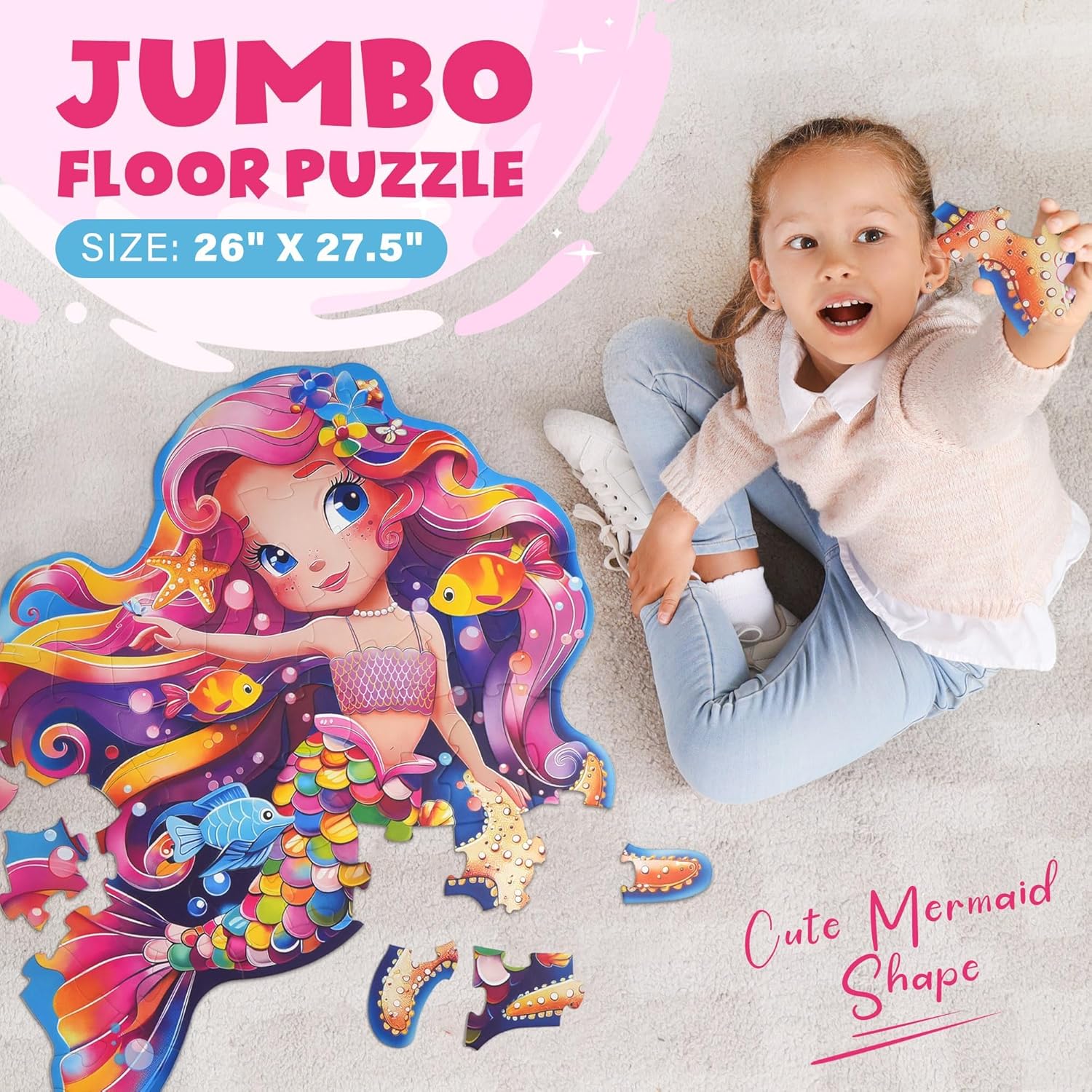 BenBen Floor Puzzles for Kids, 52 Piece Jumbo Mermaid Puzzle for Kids Ages 4-6, Large Jigsaw Puzzle for Toddlers 3-5, Mermaid Toys Birthday Gift for Girls Boys