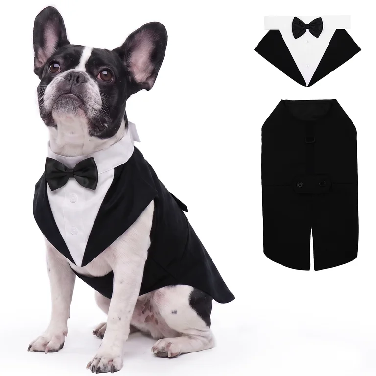 IDOMIK Dog Tuxedo Pet Wedding Party Suit and Bandana Set, Formal Clothes with Bow Tie for Large Dogs, Black
