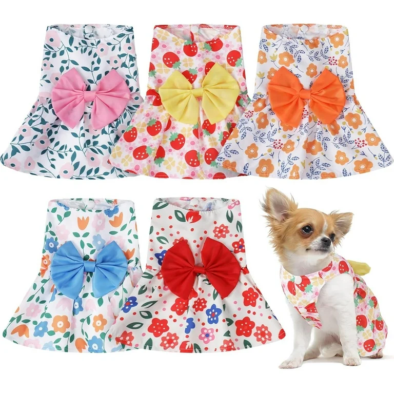 5 Pcs Riklu Dog Dresses for Small Dogs Girls, Floral Puppy Dresses Princess Bowknot Summer Dress (L