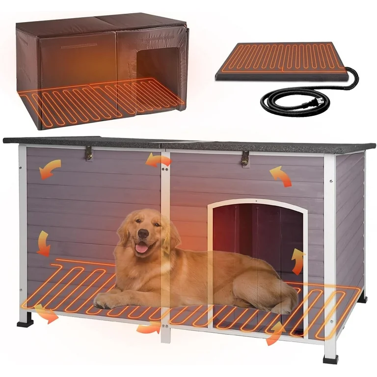 Aivituvin Extra Large Heated Insulated Dog House Wooden Outdoor Dog Kennel for Winter 59