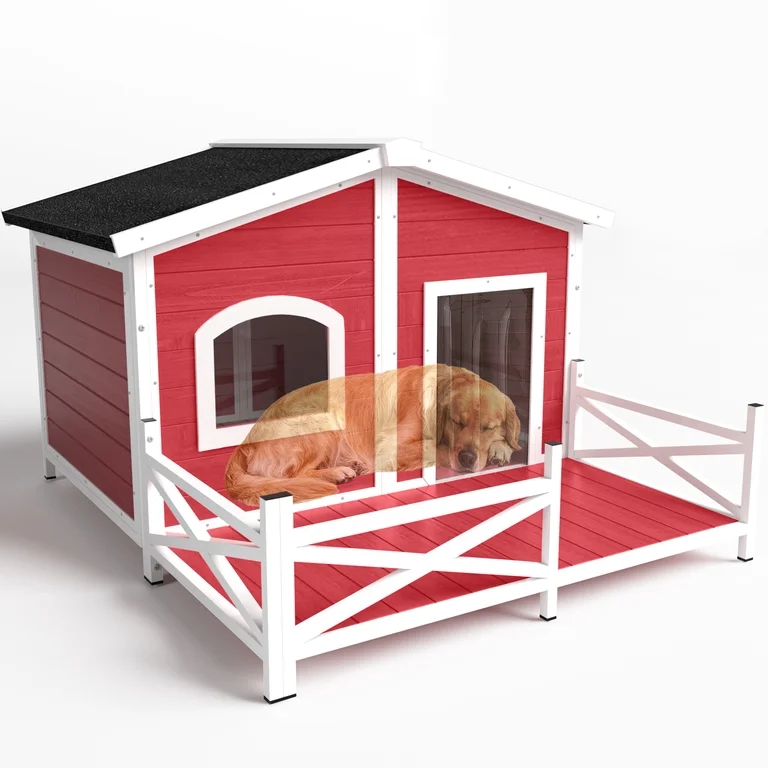 HomeSheek Large Dog House with Porch, Outdoor Pet Shelter with All-Weather Roof, Heavy-Duty Iron Frame, Spacious Kennel for Small Medium Large Breeds