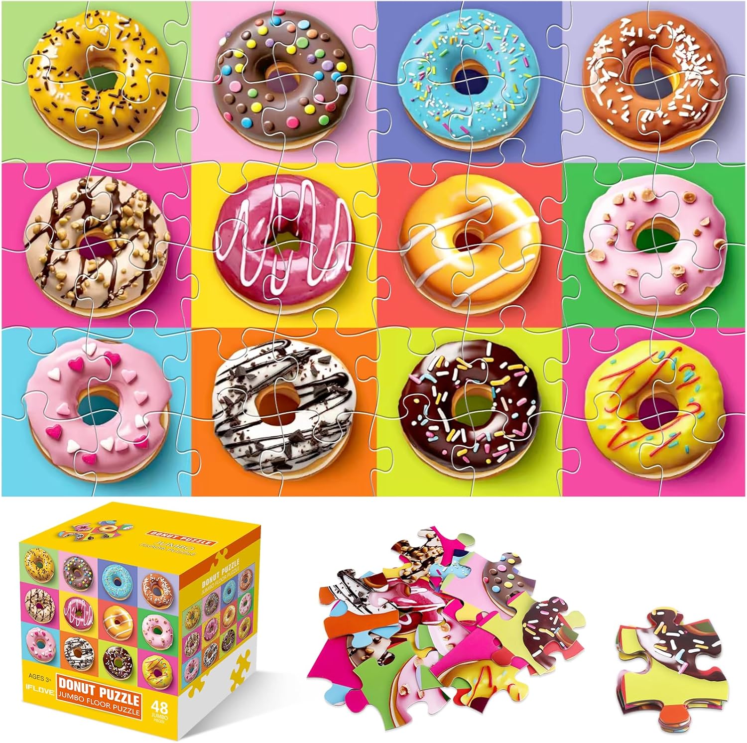 Jumbo Floor Puzzle for Kids,48 Piece Colorful Donuts Jigsaw Puzzles,Learning Educational Toys for Toddlers Ages 3-5,Children Gift for Boy Girl Ages 4-8