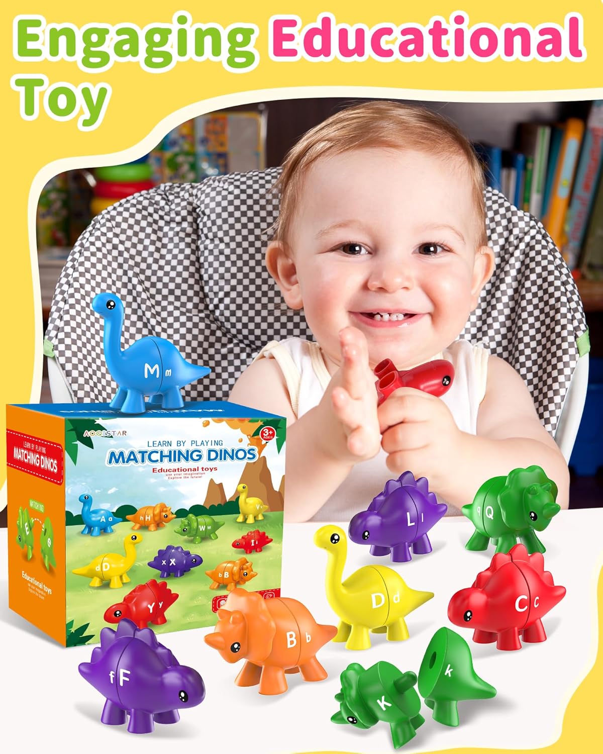 Walenty 26PCS Dinosaur Alphabet Learning Toys for Toddlers Kids 3-5, Montessori Educational Toys Gifts for 3 4 5 Year Old Boy Girl, Preschool Toddler Travel Activities, Double Sided ABC Matching Game