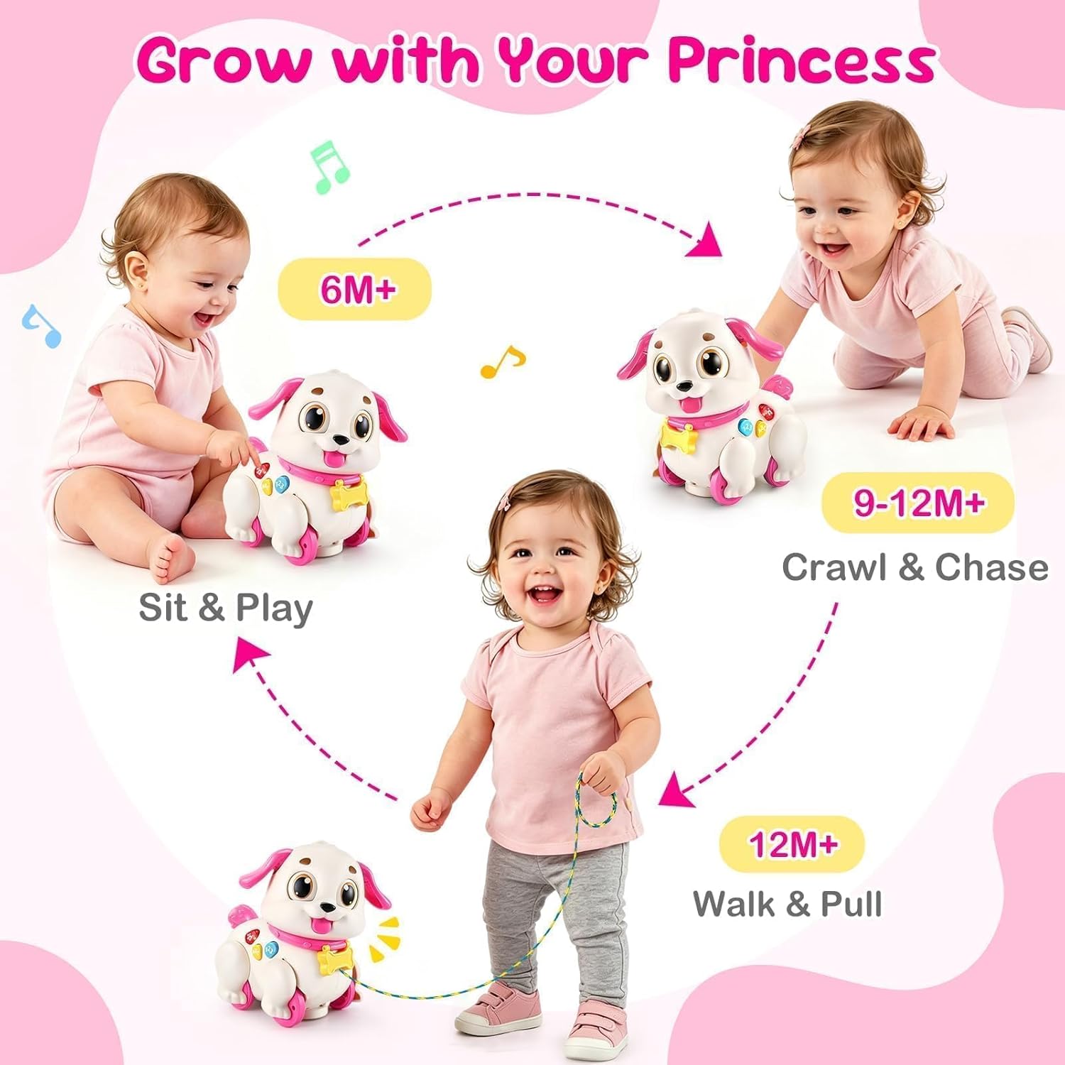 Yunaking Musical Puppy Toy for 1 Year Old Girl Gifts: Interactive Learning Baby Toy 6-12- 18 Months, Auto-Avoid Obstacle, Encourages Crawling & Walking, 1st Birthday Xmas Gift for 1 2 Year Old Girl