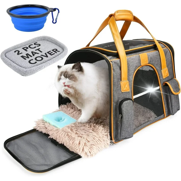 Hompet Cat Carriers with Memory Foam Mat for Small Medium Cats, Foldable Dog Soft-Sided Carrier for Small Dog Puppy, Pet Travel Carrier with 2Pcs Removable/Washable Mat Cover