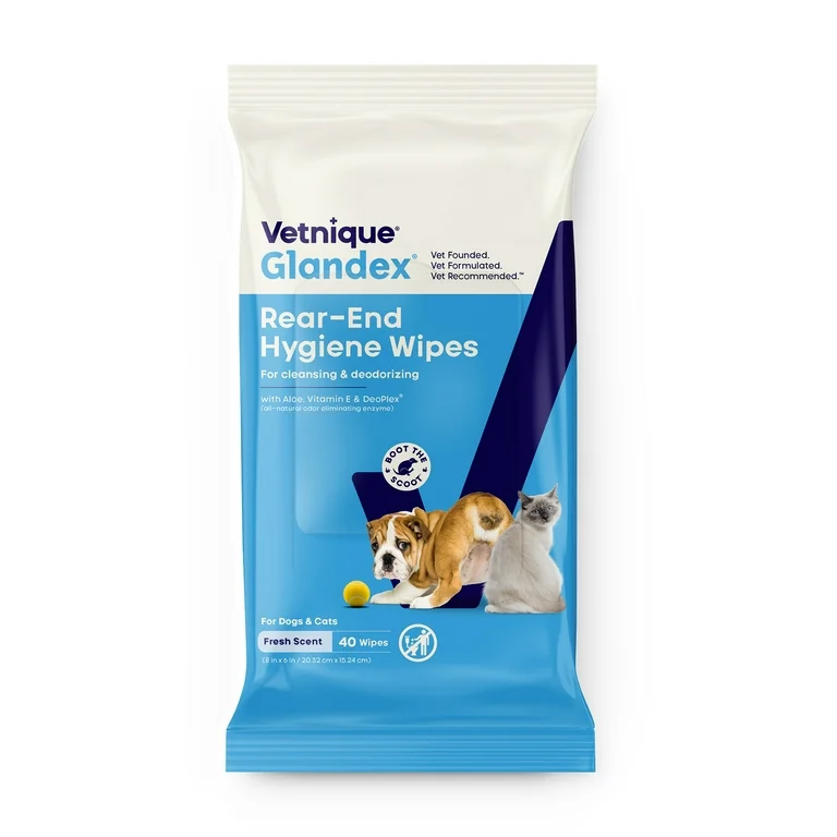 Vetnique Glandex Rear End Wipes for Dogs & Cats, Cleaning & Deodorizing, Fresh Scent, 40 count