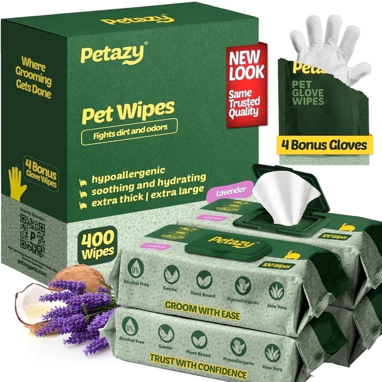 Petazy XL Thick Dog Grooming Wipes, Lavender Scented, Hypoallergenic Cleaning and Deodorizing, Paws Butt Ears Eyes, 400 Count with 4 Pet Gloves