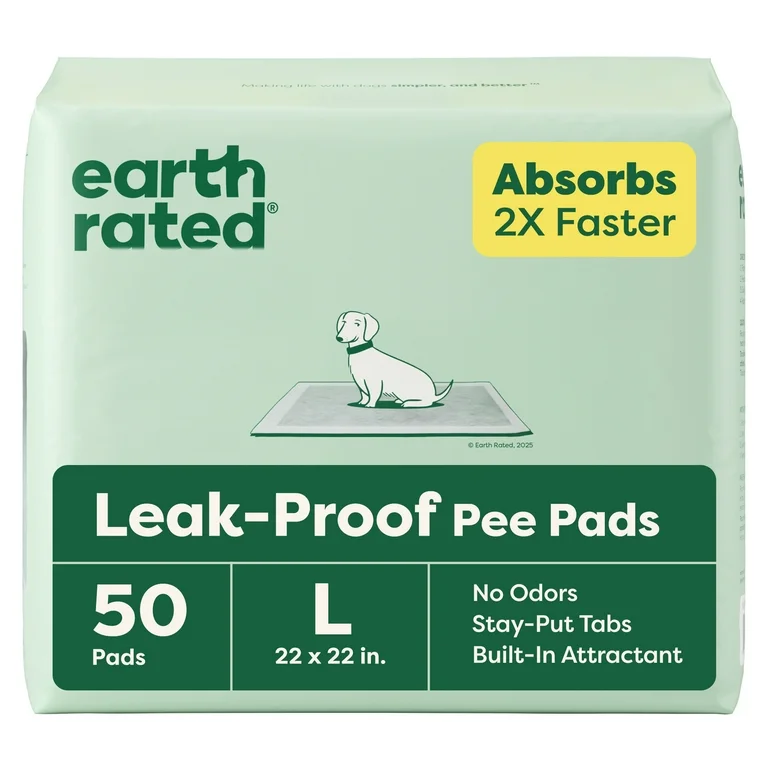 Earth Rated Leak-Proof Pee Pads, Large 22"x22", Unscented, 50 Count